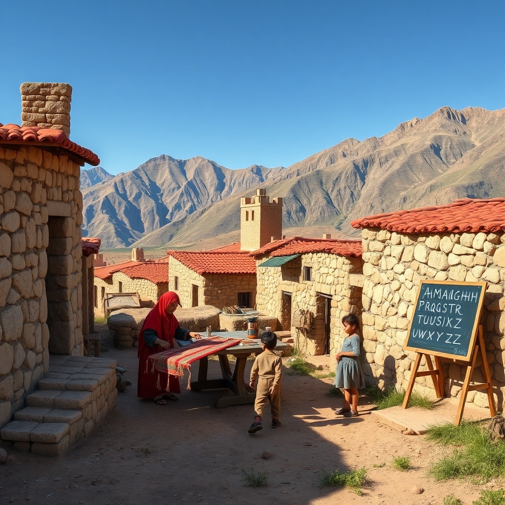 Berber village in the Anti‑Atlas mountains with women weaving rugs and children learning Tamazight in a classroom – highlighting living Amazigh traditions